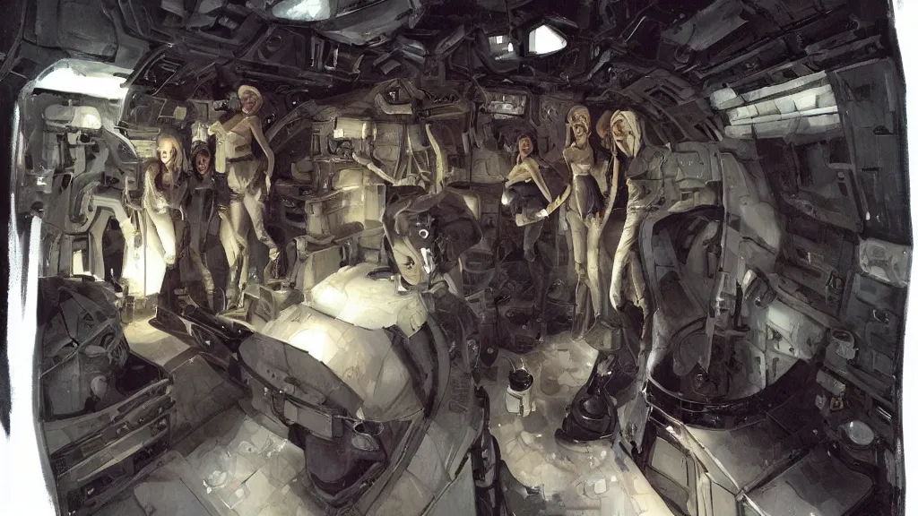 Image similar to all - female crew in a minimalistic, dark ( spaceship ), by jon foster.