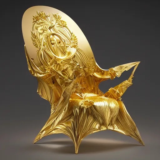 Prompt: product photo of a gold chair, by artgerm and greg rutkowski and marc newson, alphonse mucha, zaha hadid, volumetric light, detailed, octane render, midsommar