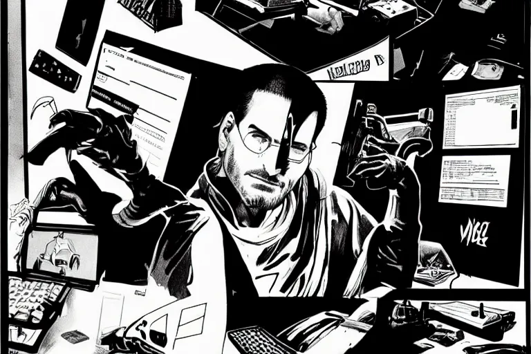 Prompt: steve jobs presenting the imac, a page from cyberpunk 2 0 2 0, style of paolo parente, style of mike jackson, adam smasher, johnny silverhand, 1 9 9 0 s comic book style, white background, ink drawing, black and white
