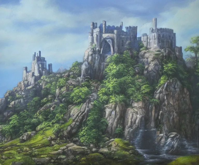 Prompt: medieval fantasy artwork. woodland with cliffs in the background. on top of the cliffs is a castle made of pure blue light. oil on canvas.