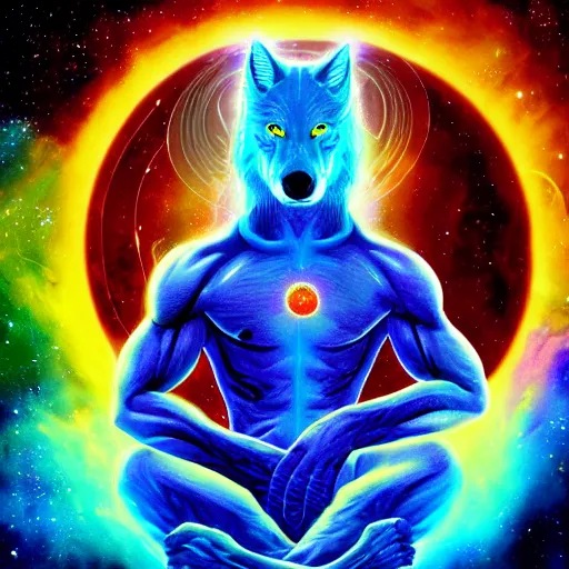 Image similar to Doctor Manhattan as a wolf meditating in outer space, stars, artstation, digital art, spiritual, award winning, colourful