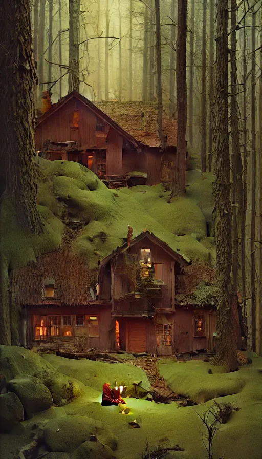 Prompt: cozy home in the woods moody lighting, highly detailed, painting by zdzisław beksinski and norman rockwell and greg rutkowskiweta studio, and lucasfilm