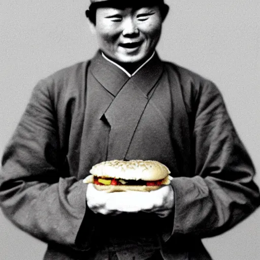 Prompt: a photo of a happy man from qing empire holding and eating a hamburger, award winning photo, high quality, 1 9 century photo, highly detailed, black and white