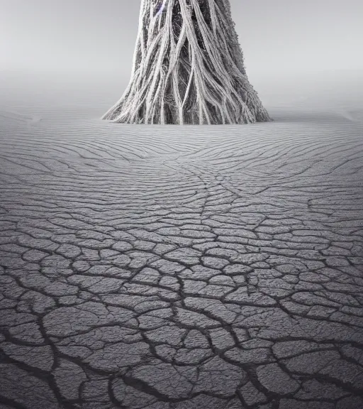 Image similar to surreal tower made of white crystalized aerial iridecent veins, inverted white roots in the floor, in the desert, foggy sky, dark night, octane render, unreal engine, pale colors, high detail, 8 k, wide angle, trending on artstation, behance