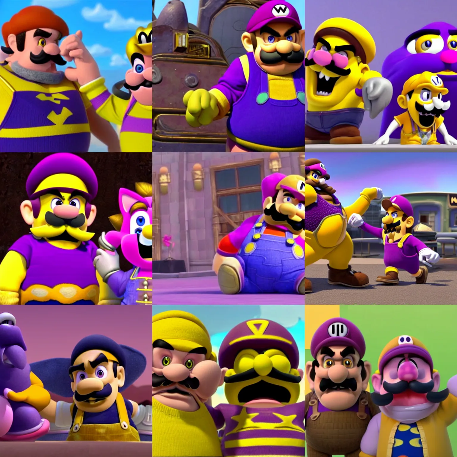 Prompt: wario is fonding together with waluigi in a fluid amalgamation of both, pixar illumination studios animated movie