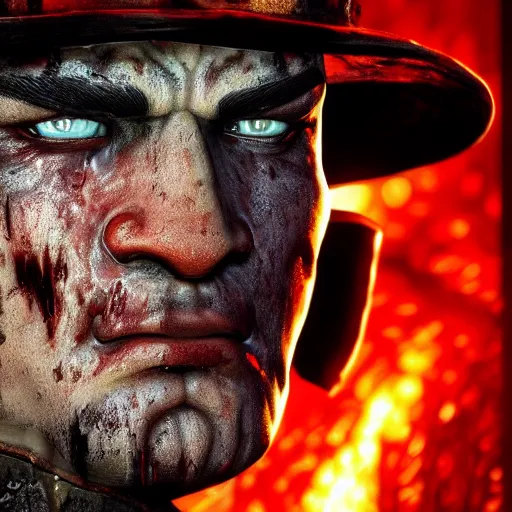 Image similar to freddy kruger in gears of war, splash art, movie still, detailed face, photorealistic facial features, cinematic lighting, dramatic, octane render, long lens, shallow depth of field, bokeh, anamorphic lens flare, 8 k, hyper detailed, 3 5 mm film grain