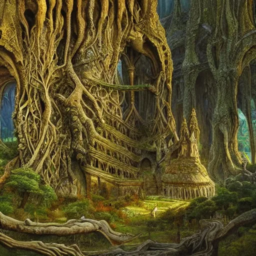 Image similar to a beautiful and highly detailed oil painting of am elven temple deep in the mountains, beautifully detailed ancient trees, lush plant growth, intricate details, epic scale, insanely complex, 8 k, sharp focus, hyper realism, fantasy landscape, psychedelic, by caspar friedrich,