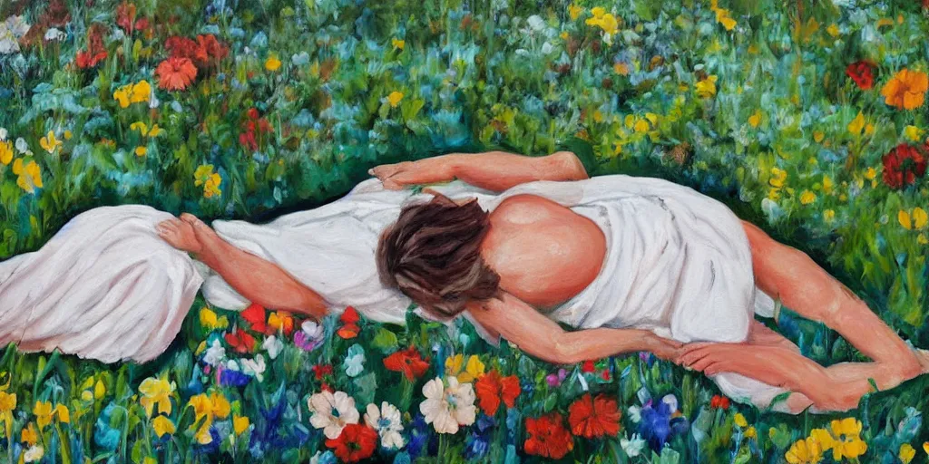 Prompt: painting of woman in fetal position lying down in garden