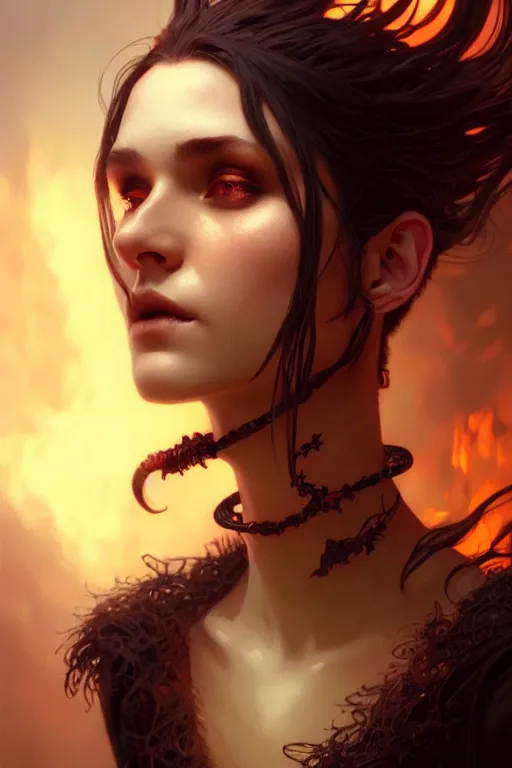 Prompt: a burning witch closeup filled background around face, fantasy magic, undercut hairstyle, dark light night, intricate, elegant, sharp focus, illustration, highly detailed, digital painting, concept art, matte, art by wlop and artgerm and greg rutkowski and alphonse mucha, masterpiece