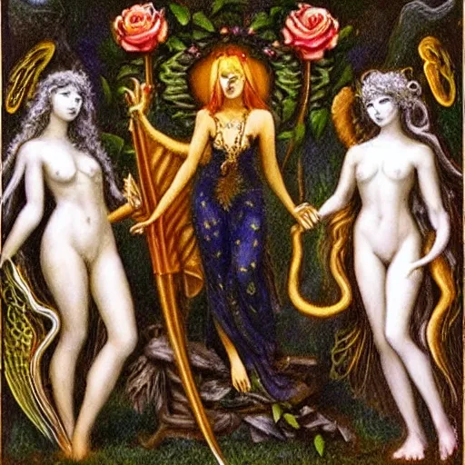 Prompt: my personal chaos magick pantheon comprises four deities of love: the melancholic rose dryad Compassion, the golden veiled idol Closeness, the ring-bearer Commitment and the winged cupid Affection