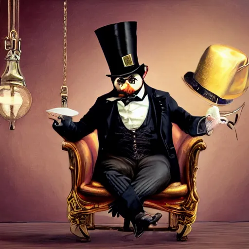 Prompt: oil painting of grumpy rich steampunk penguin sitting on fancy chair, wearing top hat, holding gold, sharp focus, fantasy style, steampunk factory background, steampunk atmosphere, factory background, factory atmosphere, , octane render, volumetric lighting, 8k high definition, by greg rutkowski, highly detailed, trending on art Station, centered