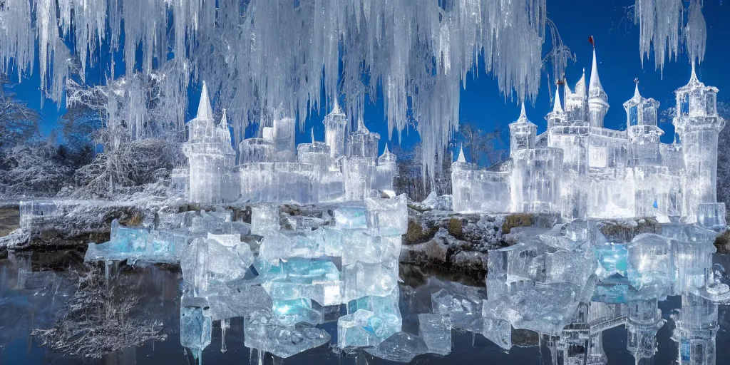 Prompt: a castle made out of ice, reflections, sparkle