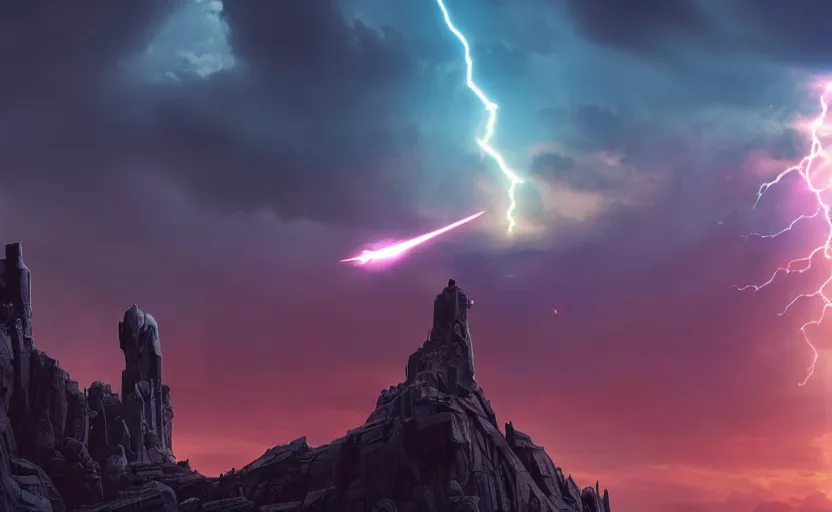 Prompt: still image screenshot floating jedi castle in the sky planet under attack, lightning, badass action scene with laser explosions and sparks, from the tv show mandalorian on disney +, scene in front of a strange building, moody cloudy volumetric lightm imperial invading beautiful colorful cloud planet, backlit sunset, anamorphic lens, 3 5 mm film kodak