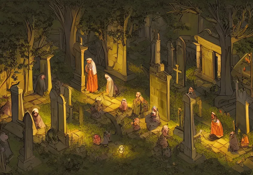 Prompt: possums dressed as monks at a medieval cemetery at night, highly detailed, digital art, isometric