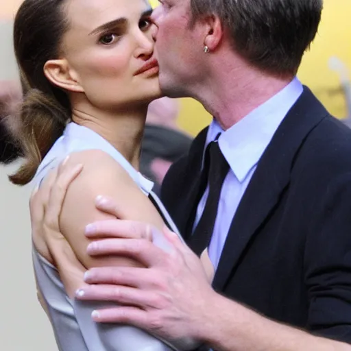 Prompt: pgoto of natalie portman kissing a boring white male.