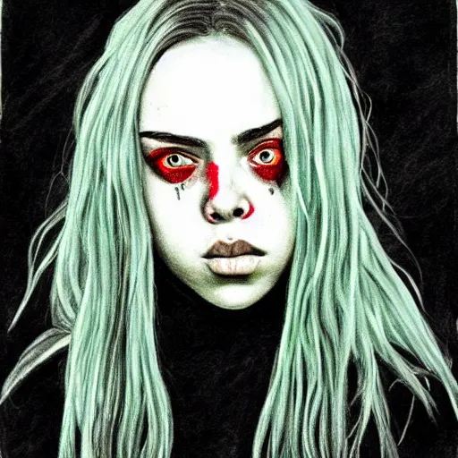 Image similar to grunge drawing of billie eilish in the style of the shining