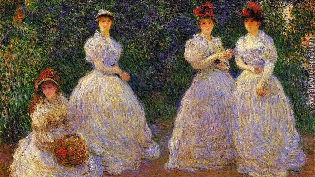 Prompt: a portrait of two women!!! who are lovers!! by Claude Monet!!! in french gardens! oil painting, romantic