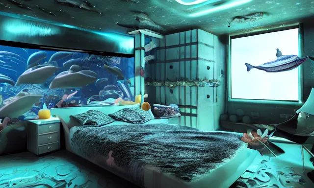 Image similar to a futuristic bedroom deep under the sea, photorealistic magazine picture, studio lighting, cozy, extremely detailed and realistic