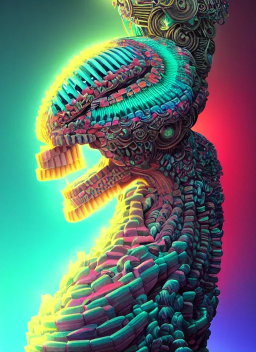 Image similar to 3 d goddess profile portrait, sigma 5 0 0 mm f / 5. beautiful intricate highly detailed quetzalcoatl skull and feathers. bioluminescent, plasma, lava, ice, water, wind, creature, thunderstorm! artwork by tooth wu and wlop and beeple and greg rutkowski, 8 k trending on artstation,