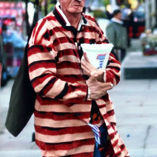 Image similar to paparazzi photos of freddy krueger walking down the street shopping