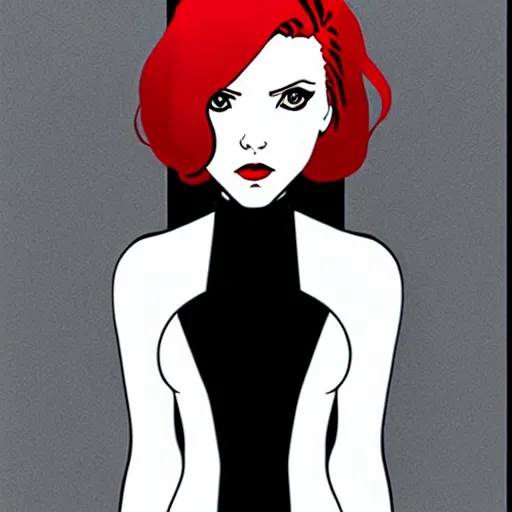 Image similar to phil noto, pretty scarlett johansson black widow, symmetrical eyes, long red hair, full body, city rooftop