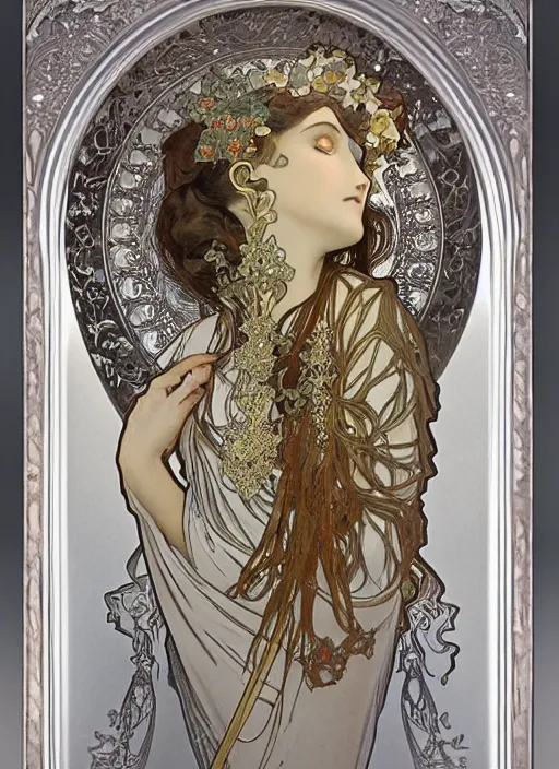 Image similar to Goth girl, fractal silver and gold sculpture by Alphonse Mucha