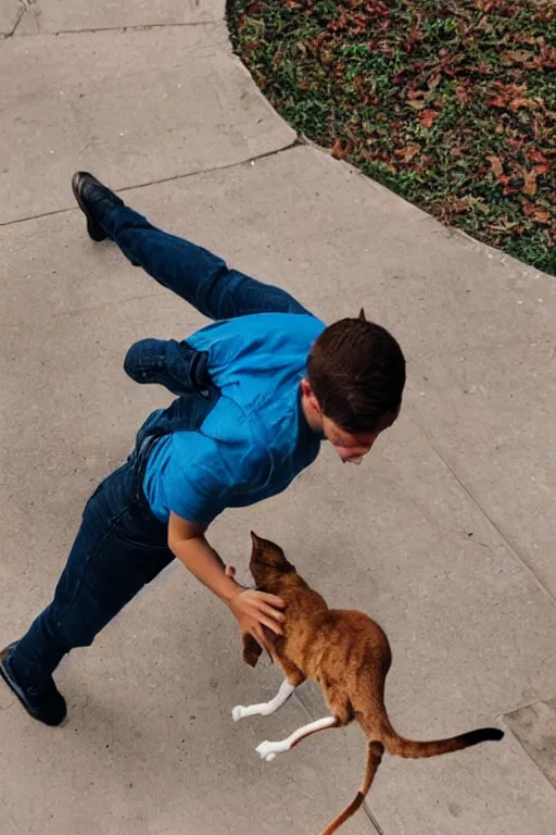 Image similar to a photo of young man falling from walking over a hairless cat