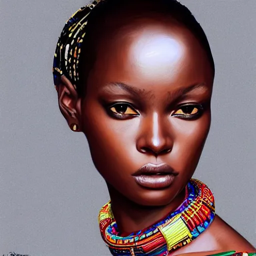 Image similar to A masterpiece portrait of a Incredibly beautiful African girl albino model. With big bright African jewelry. In African clothes. Vogue. trending on artstation, digital art, by Stanley Artgerm Lau, WLOP, Rossdraws, James Jean, Andrei Riabovitchev, Marc Simonetti, Yoshitaka Amano