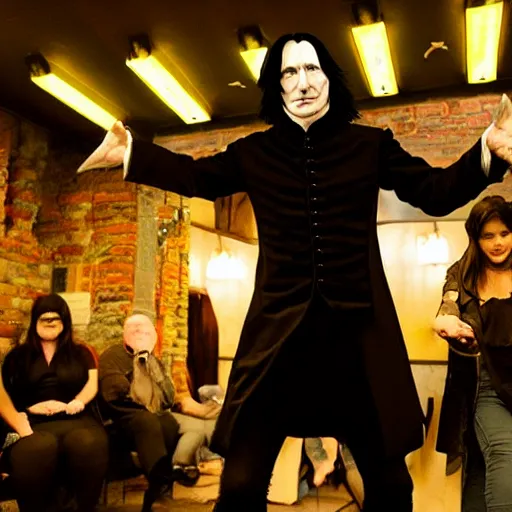 Image similar to Severus Snape dance in a bar, cheer by everyone, fish lens, neon, realistic, full body, very detailed, super realistic