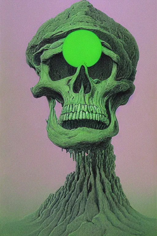 Image similar to horrific neon green skull floating over golden cubes by zdzisław beksinski