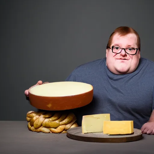 Prompt: peter griffin as a real person eating a large wheel of cheese, dslr, natural lighting, realistic,