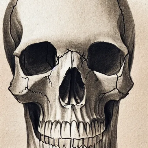 Prompt: drawing of a skull on old torn paper, dramatic lighting, ultra detail, creepy, book cover