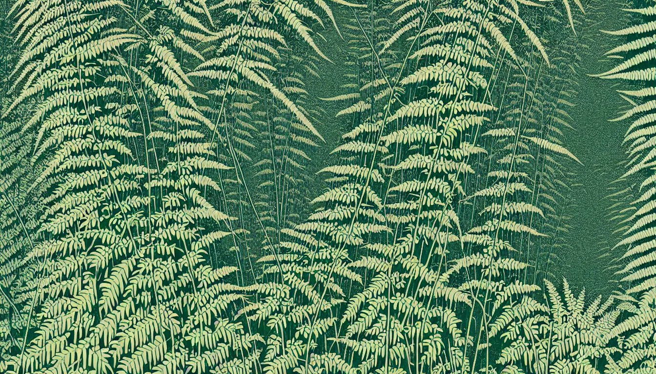 Image similar to close up of fern with bamboo grove in the background by woodblock print, nicolas delort, moebius, victo ngai, josan gonzalez, kilian eng