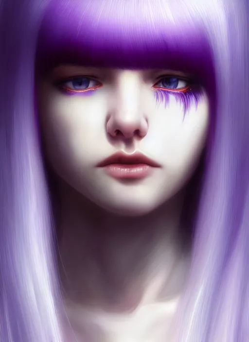 Image similar to hair whitebangs hair, black hair, whitebangs, portrait of teenage girl with white bangs, red irises, purple clothes, white bangs, bangs are different color from hair, intricate, elegant, glowing lights, highly detailed, digital painting, artstation, concept art, smooth, sharp focus, illustration, art by wlop, mars ravelo and greg rutkowski