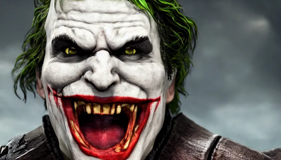 Prompt: close - up skyrim character screenshot of the joker screaming at you about society, solo portrait, enb, 4 k, bokeh, beautiful, detailed