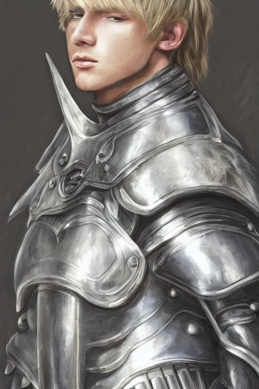 Image similar to a blonde male teenager wearing a silver plate armor, digital painting, digital art, oil painting, masterpiece, realistic and detailed face, profile picture, realistic, highly detailed, high quality, symmetrical, low contrast, trending on deviantart, soft colors, soft lighting, face portrait, beautiful, elegant, anatomically correct, castle in the background, bokeh, dof