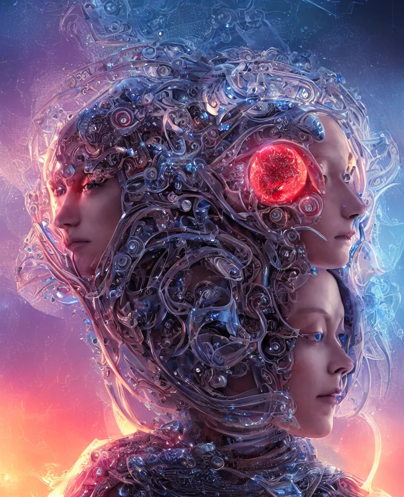Prompt: epic medieval futuristic close-up macro portrait of the face of a beautiful princess, epic angle and pose, symmetrical artwork, 3d with depth of field, blurred background, cybernetic jellyfish female face skull phoenix bird, translucent, nautilus, energy flows of water and fire. a highly detailed epic cinematic concept art CG render. made in Maya, Blender and Photoshop, octane render, excellent composition, cinematic dystopian brutalist atmosphere, dynamic dramatic cinematic lighting, aesthetic, very inspirational, arthouse. y Greg Rutkowski, Ilya Kuvshinov, WLOP, Stanley Artgerm Lau, Ruan Jia and Fenghua Zhong