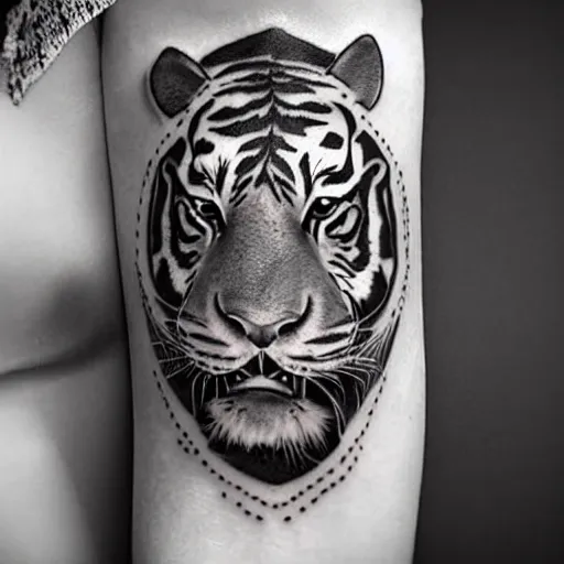 Image similar to tattoo design of a face of a beautiful girl wearing a tiger head hat, hyper detailed