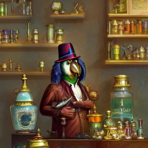 Image similar to Anthropomorphized parrot trader in his shop, selling his wares, portrait, items, gold, magic potions, carpet, window, sly expression , cunning expression, cute expression, long thick shiny black beak, presenting wares, holding a gold bag, D&D, fantasy, cinematic lighting, highly detailed, digital painting, artstation, concept art, smooth, sharp focus, illustration, warm light, cozy warm tint, magic the gathering artwork, volumetric lighting, 8k, art by Akihiko Yoshida, Greg Rutkowski