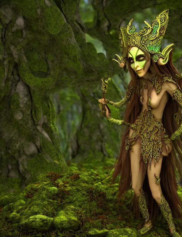 Image similar to elven masked deity in the lichen woods. this 3 d render by an indie artist has an interesting color scheme, plenty of details and impeccable lighting.