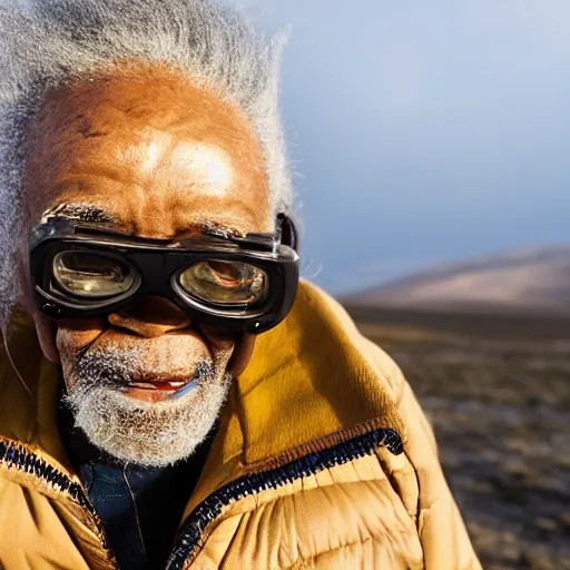Prompt: far shot of 1 0 0 year old black man wearing safety goggles, he has a mischievous grin and a tattered moncler jacket and a variety of golden necklaces, bracelets, and rings. his hair is wild and unkempt. cold color temperature, frozen mongolian steppe, backlit,