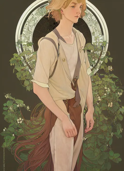 Prompt: pretty young man with shoulder length blond hair, half body shot, path traced, highly detailed, high quality, digital painting, by studio ghibli and alphonse mucha, leesha hannigan, hidari, disney, art nouveau