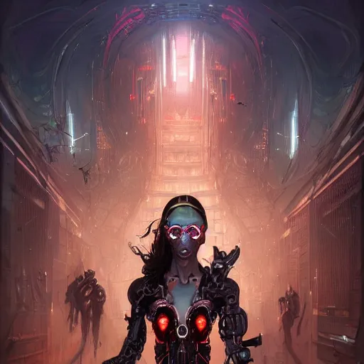 Image similar to group!! of men and women with extremely large and intricate eye cyberpunk bionics with angry red eyes and slim features, cyberpunk, bionics, augments, lights, cables, elegant gleaming intricate baroque jewellery, colorful, vivid, imposing, epic, digital painting, artstation, concept art, by peter mohrbacher and wlop and rhads,