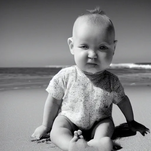 Image similar to the tallest baby in the world at beach, realistic photo, paparazzi