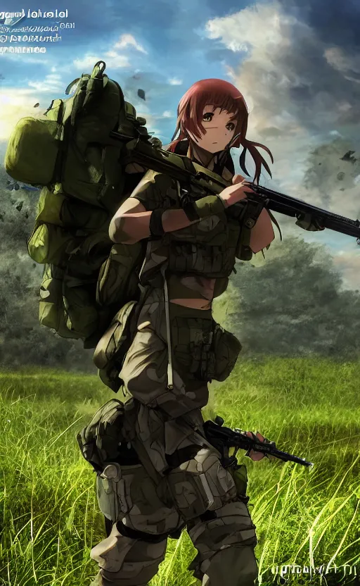 Prompt: girl, trading card front, soldier clothing, combat gear, realistic anatomy, concept art, professional, by ufotable studio, green screen, volumetric lights, stunning, military camp in the background, influenced by hayao miyazaki