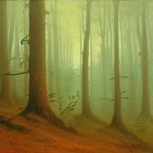 Image similar to foggy woods at golden hour, early in the morning, painting by Caspar David Friedrich