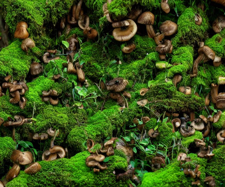 Prompt: a rainforest made of mushrooms, moss, and vines in the style of anti - art trending on artstation deviantart pinterest detailed high resolution hd 8 k