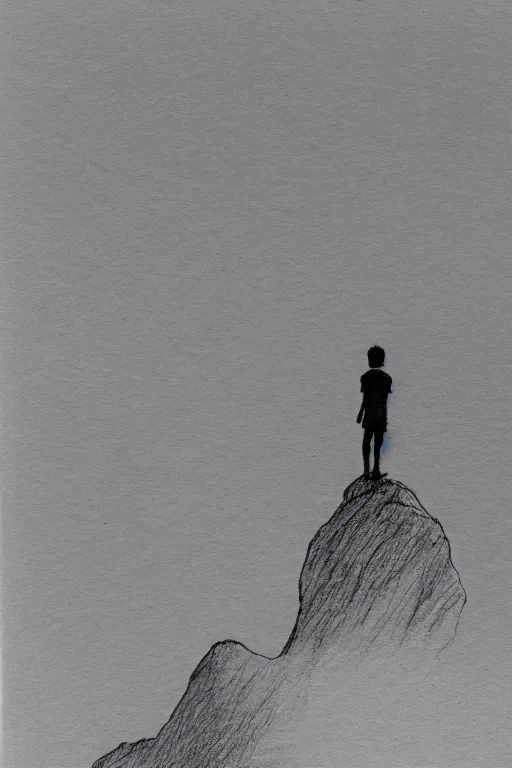 Image similar to a boy standing on a cliff floating over the ocean on a distant planet, highly detailed sketch art