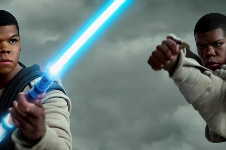 Image similar to Star Wars, Finn played by John Boyega does jedi training with a lightsaber ultra realistic, 4K, movie still, UHD, sharp, detailed, cinematic