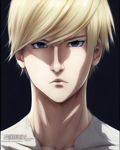 Image similar to portrait Anime Blonde Guy Short Hair Sharp fine face, pretty face, realistic shaded Perfect face, fine details. Anime. by makoto sinkai, katsuhiro otomo ghost in the shell movie scene, magali villeneuve, artgerm, rutkowski symmetrical, symmetrical features, coherent face-features